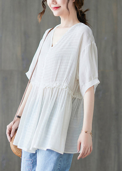 White V Neck Ruffled Tank Tops Short Sleeve