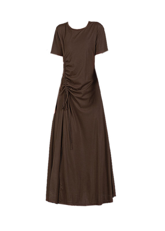 Chocolate O-neck Cinched Cotton Long Dress Short Sleeve