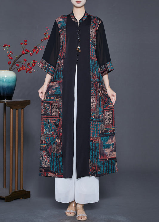 Black Mandarin Collar Patchwork Print Silk Cardigans Fall