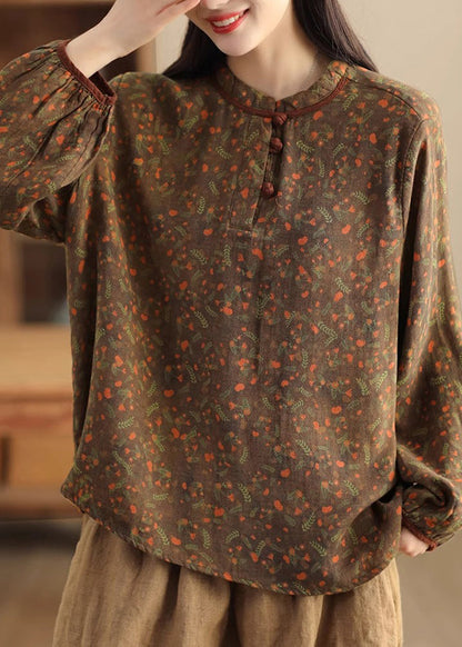 Green Patchwork Button Linen Shirts Long Sleeve