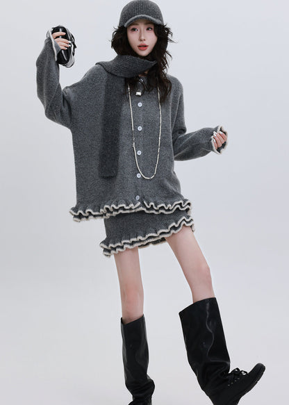 Classy Grey Ruffled Warm Knit Cardigan Two Piece Set Outfits Winter