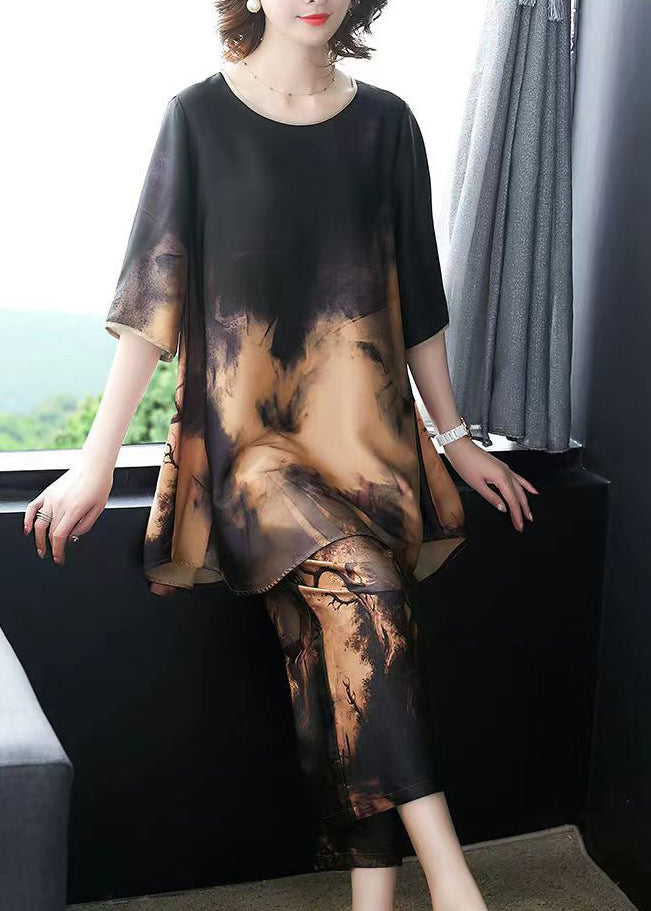 Stylish Original Colorblock O-neck Print Silk Tops and Wide Leg Pants Two Piece Set Half Sleeve