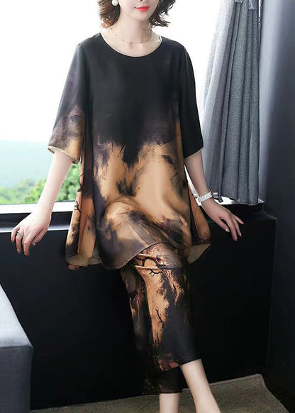 Stylish Original Colorblock O-neck Print Silk Tops and Wide Leg Pants Two Piece Set Half Sleeve