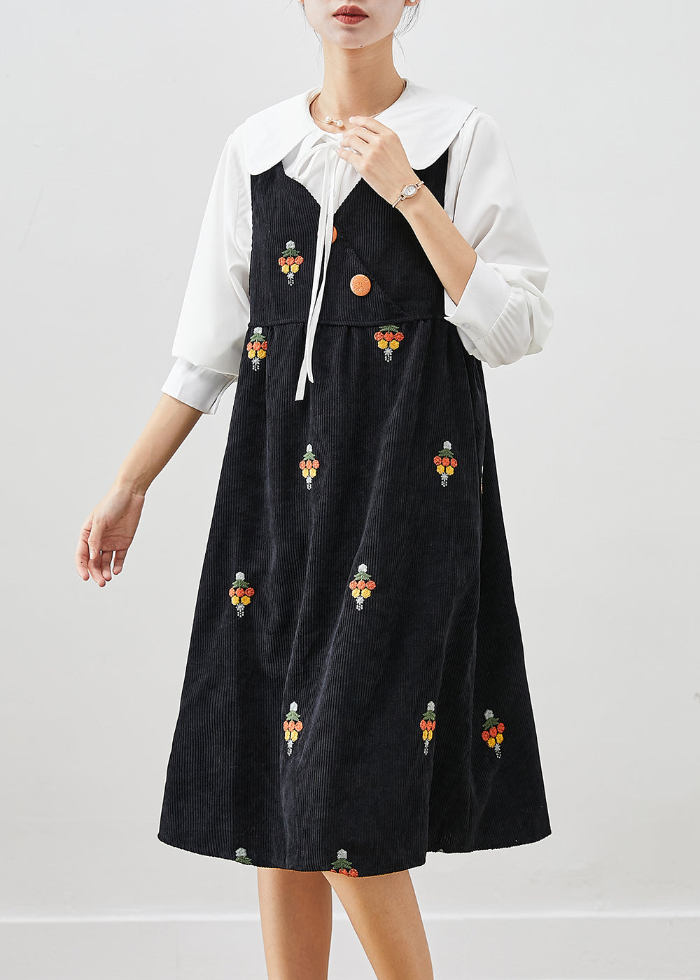 Black Embroideried Corduroy Two Pieces Set Fall