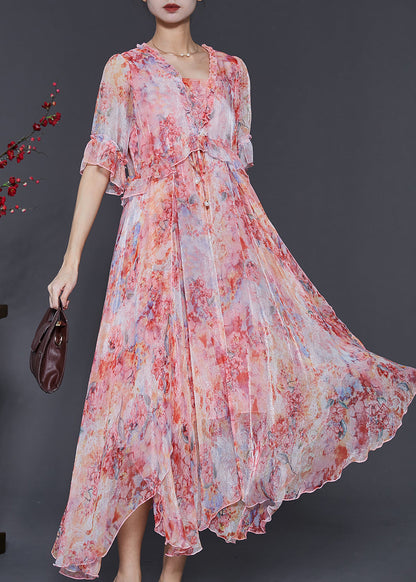 Red Ruffled Tie Dye Chiffon Robe Dresses Summer