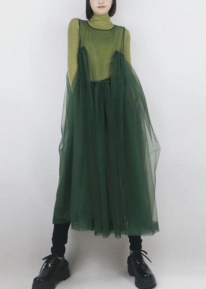 Blackish Green Tulle Long Dress Asymmetrical Exra Large Hem Sleeveless Spring
