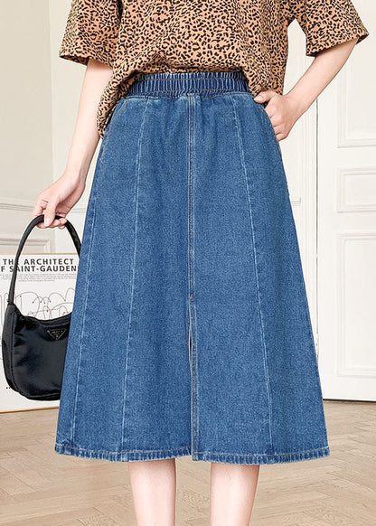Boutique Denim Blue Elastic Waist Side Open Cotton a Line Skirt Summer