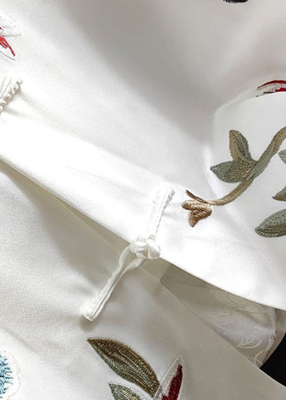 White Stand Collar Chinese Button Print Silk Tops Spring