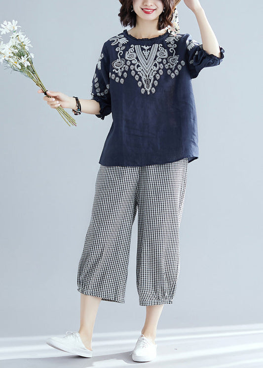 Navy Blue Embroideried Top and Harem Pants Two Pieces Set Short Sleeve