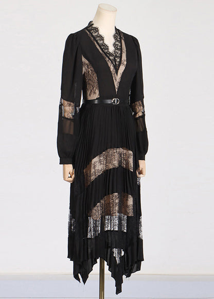 Black V Neck Lace Patchwork Maxi Dresses Puff Sleeve
