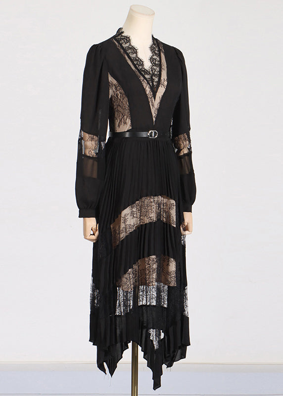 Black V Neck Lace Patchwork Maxi Dresses Puff Sleeve