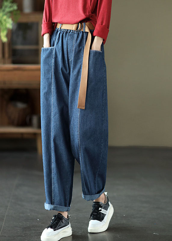 Brief Blue Elastic Waist Pockets Harem Pants Spring