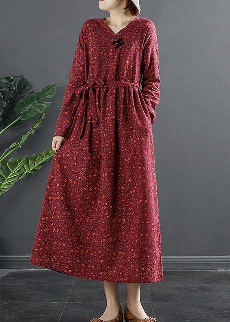 V Neck Quilting Dresses Shape Red Print Long Dress