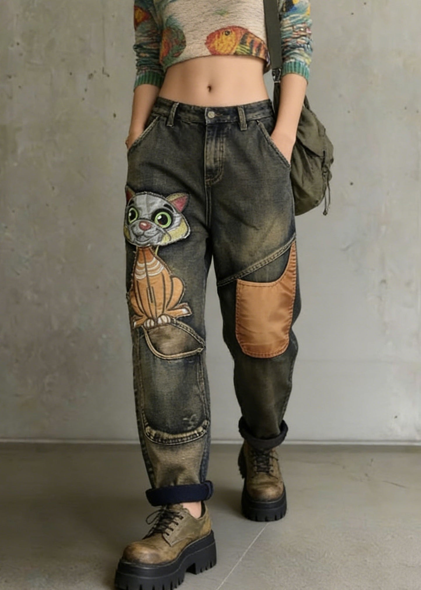 Cat Embroidery Patchwork Mid Waist Loose Denim Harem Jeans