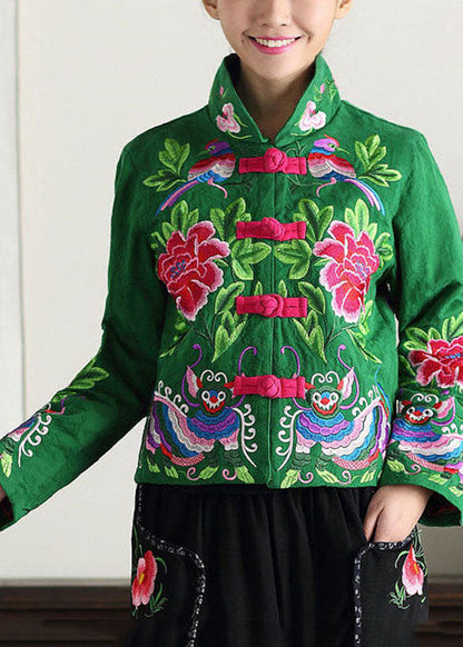 Green Stand Collar Embroideried Cotton Jacket Fall