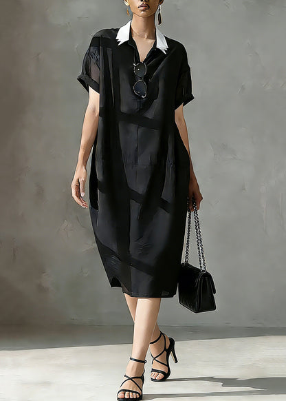 Italian Black Peter Pan Collar Patchwork Vacation Long Dresses Short Sleeve