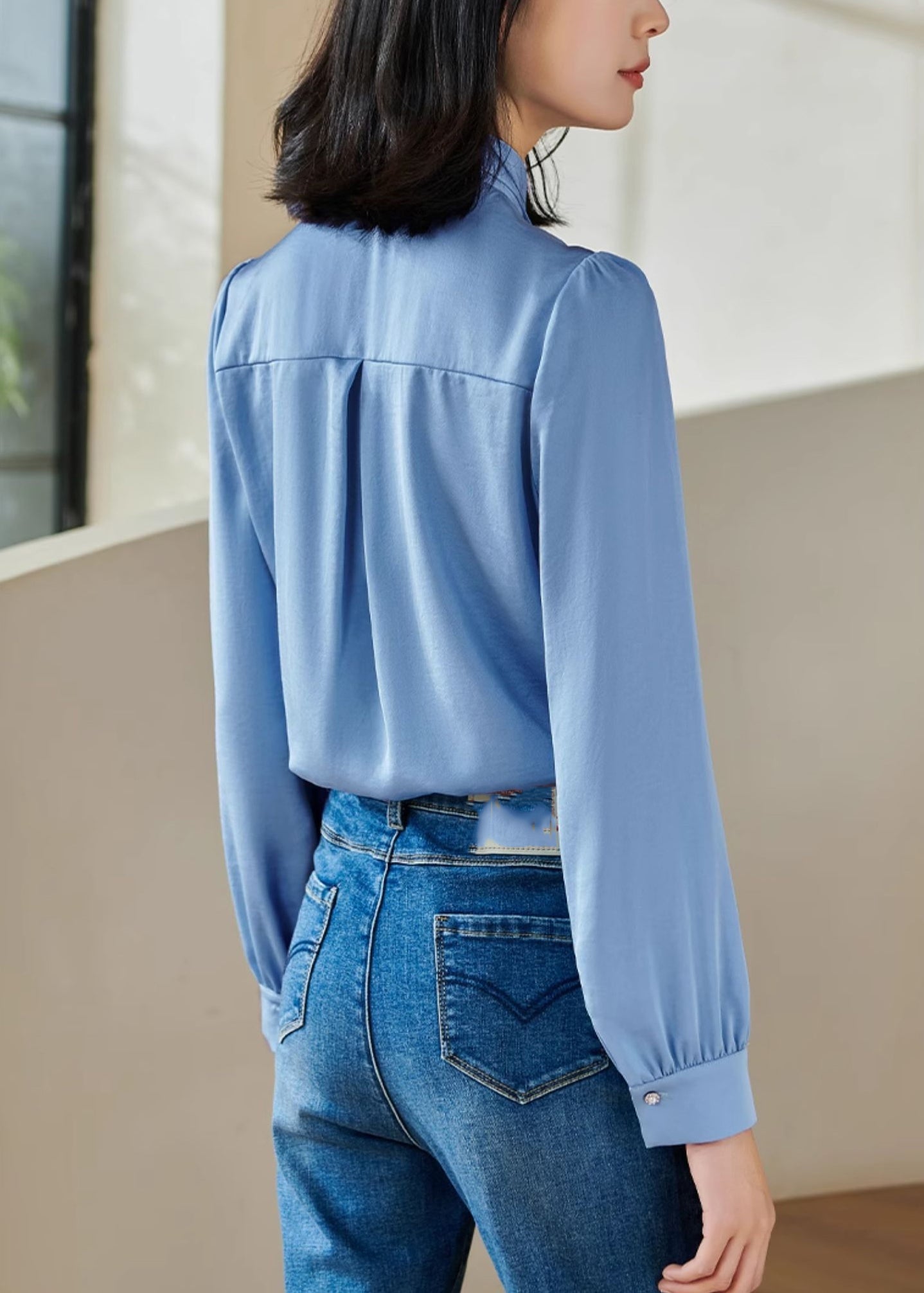 Stylish Blue Bow Patchwork Shirt Fall