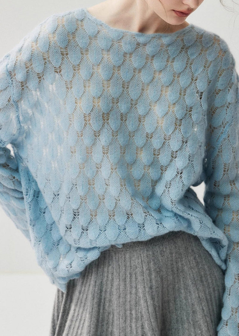 Light Blue Slash Neck Hollow Out Cotton Knit Sweater Fall