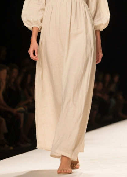 White V Neck Patchwork Linen Maxi Dresses Bracelet Sleeve