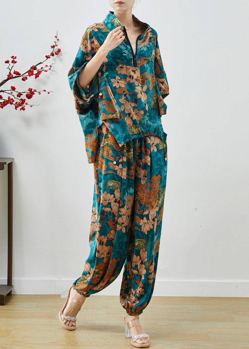 Sea Blue Zip Up Print Chiffon Two Pieces Set Summer