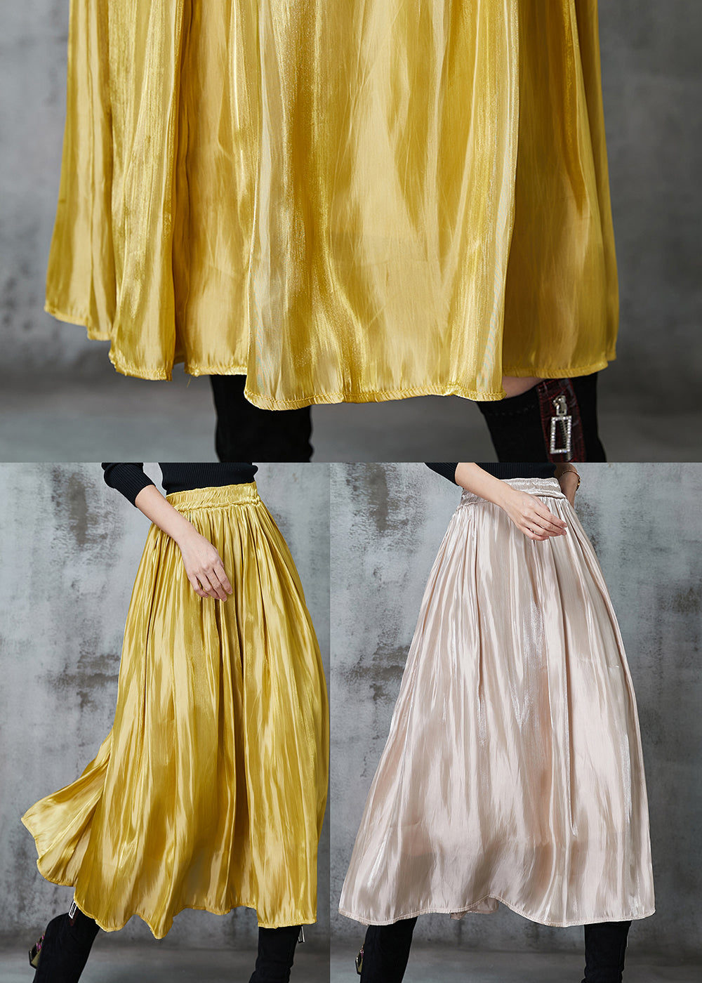 Yellow Exra Large Hem Silk Skirts Spring
