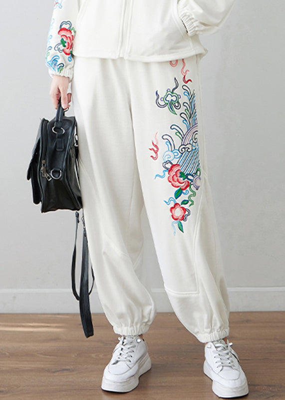 White Embroideried High Waist Pockets Beam Pants Fall