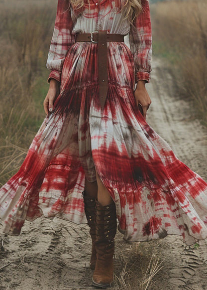 V Neck Tie Dye Cotton Pastoral Style Long Dress