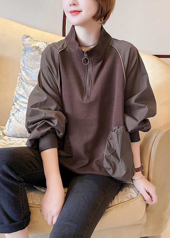 Chocolate Stand Collar Patchwork Zippered Sweatshirts Long Sleeve