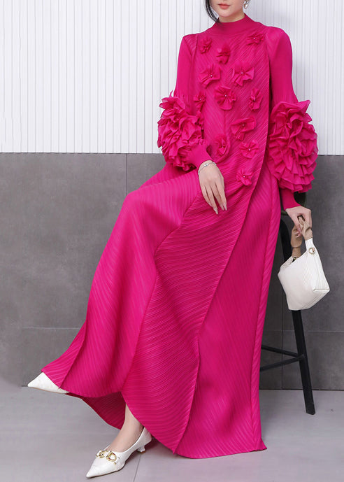 Rose Stand Collar Decorated Chiffon Long Dresses Fall