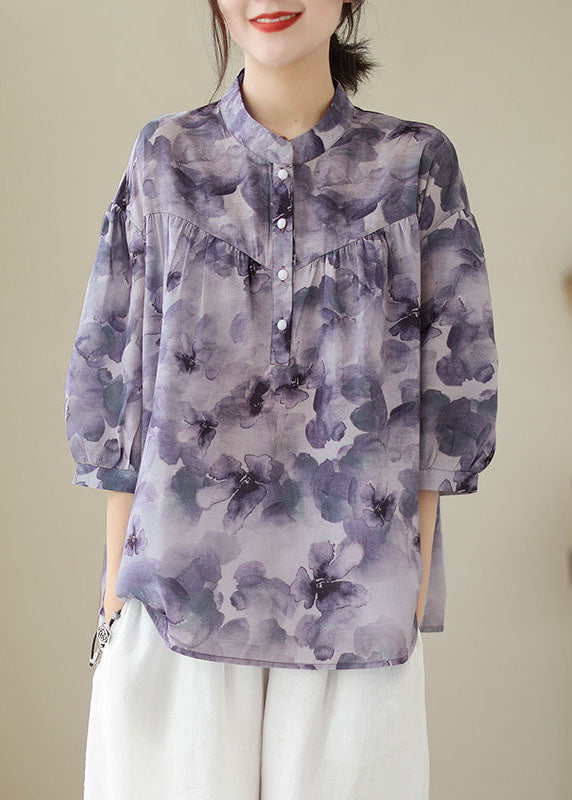 Purple Stand Collar Print Patchwork Cotton Shirt Tops Summer