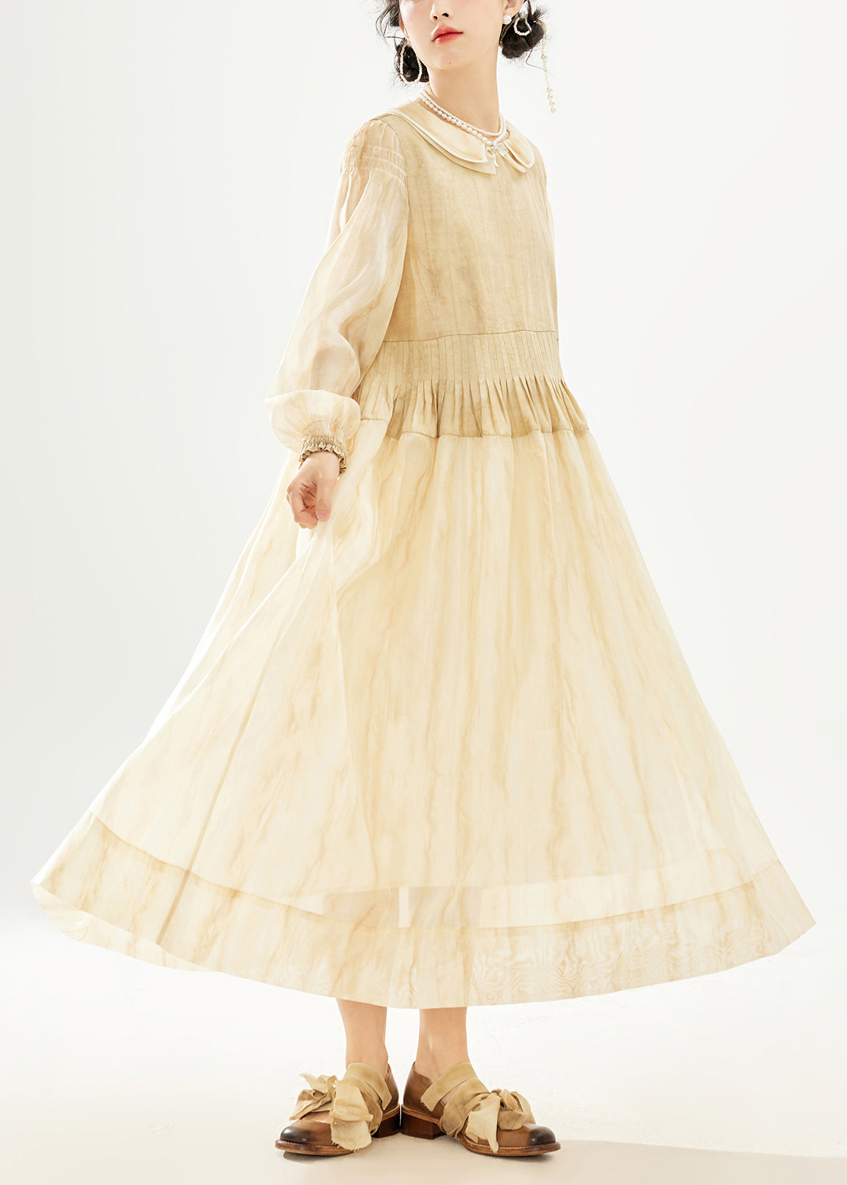 Khaki Double Layer Wrinkled Patchwork Cotton Long Dress Long Sleeve