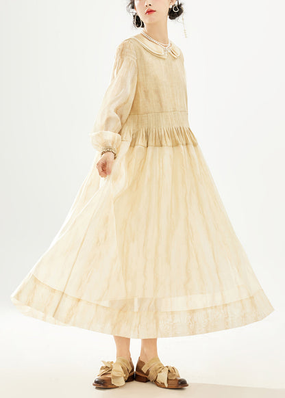 Khaki Double Layer Wrinkled Patchwork Cotton Long Dress Long Sleeve