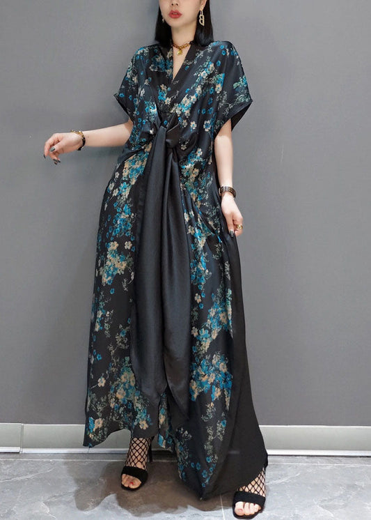 Blue Patchwork Silk Maxi Dresses Short Sleeve