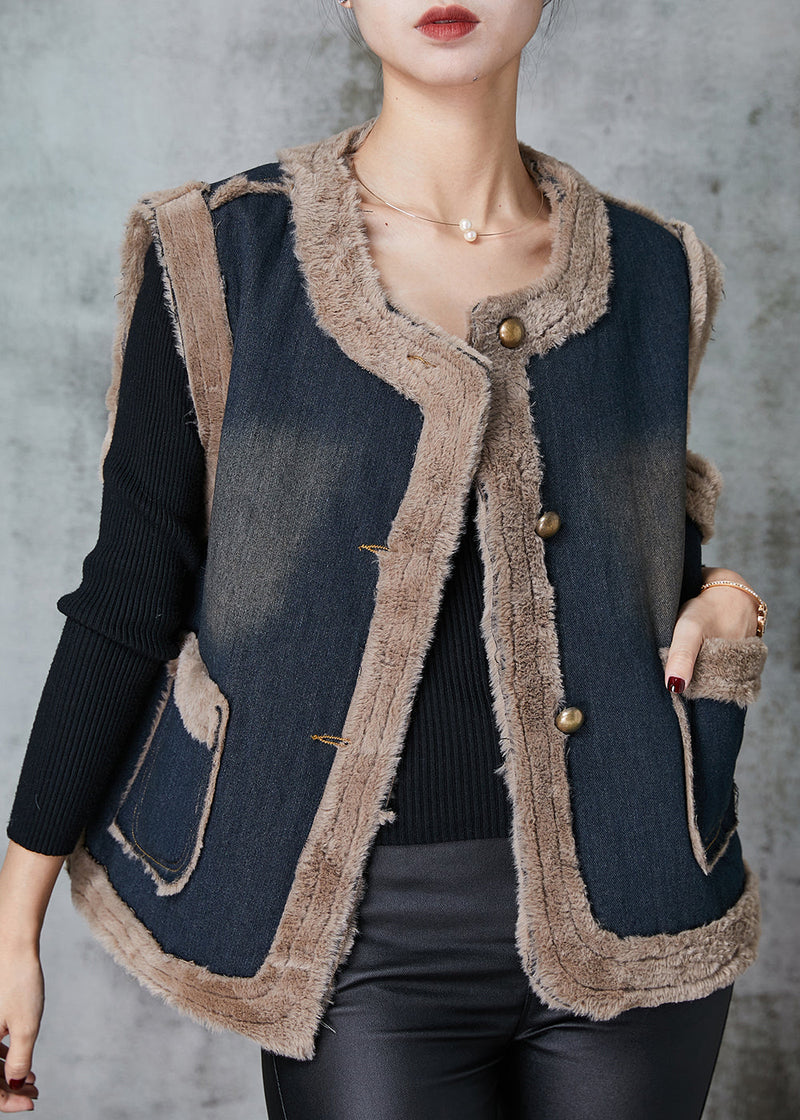 Grey Pockets Patchwork Warm Fleece Denim Vests Spring