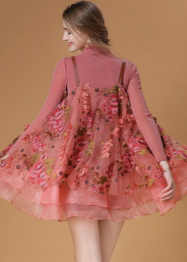 Pink Turtle Neck Embroideried Organza Two Pieces Set Spring