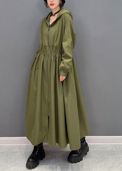Green Zippered Wrinkled Hooded Long Trench Coats Spring