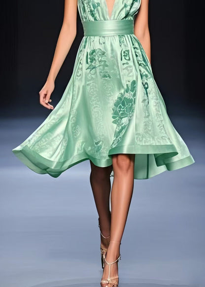 Diy Lake Green Deep-v Neck Cinched Silk Tea Dress Summer