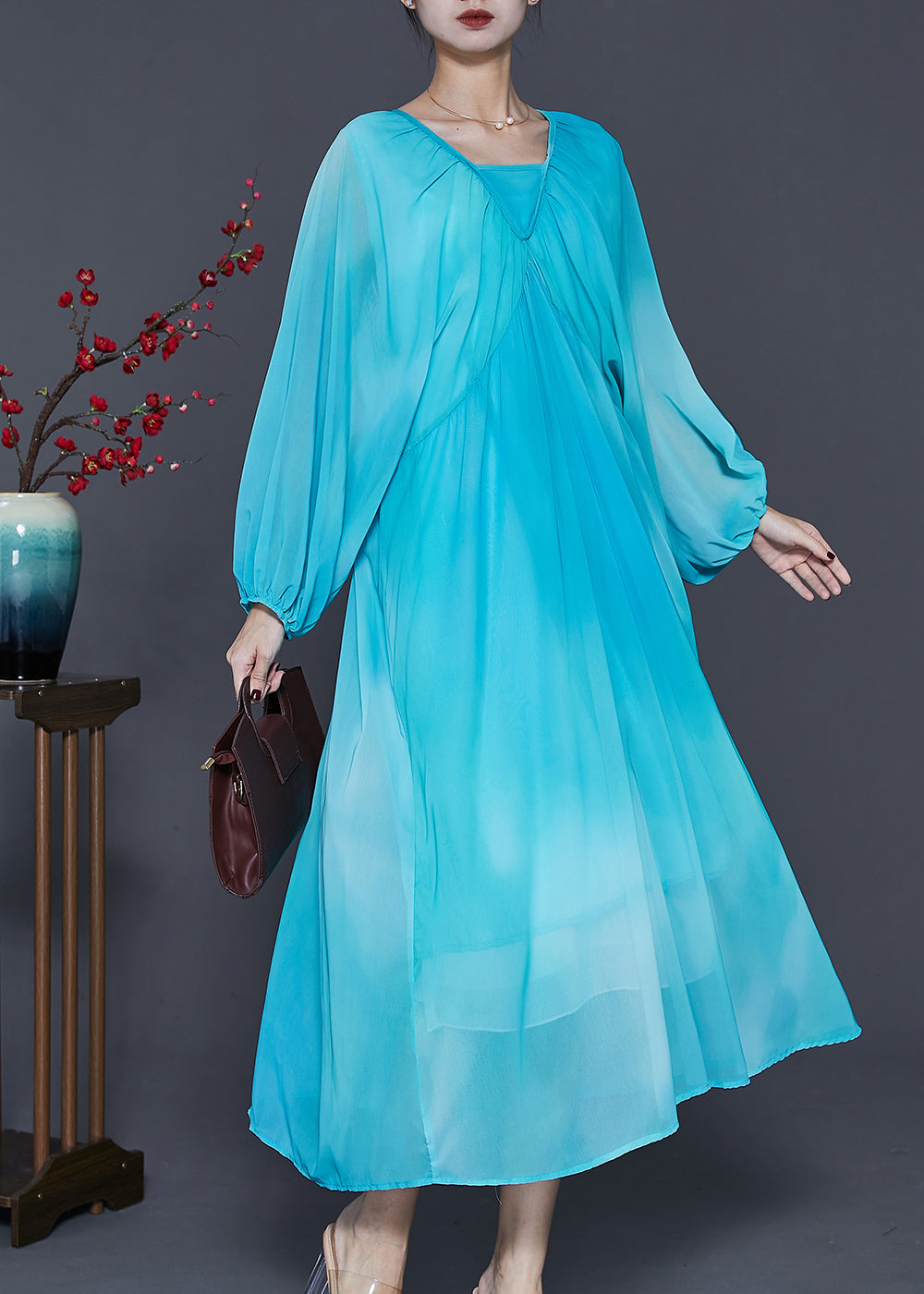 Lake Blue Oversized Tie Dye Chiffon Dresses Spring