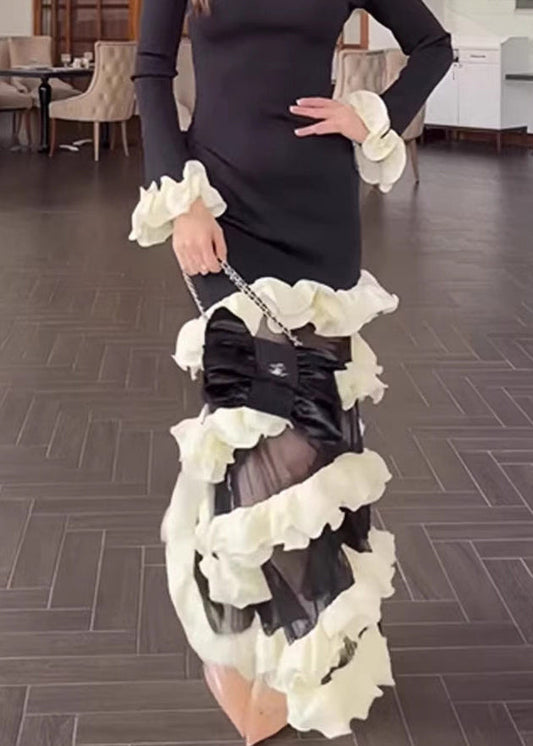Organic Black White Striped O-neck Ruffled Knit Patchwork Tulle Long Dress Spring