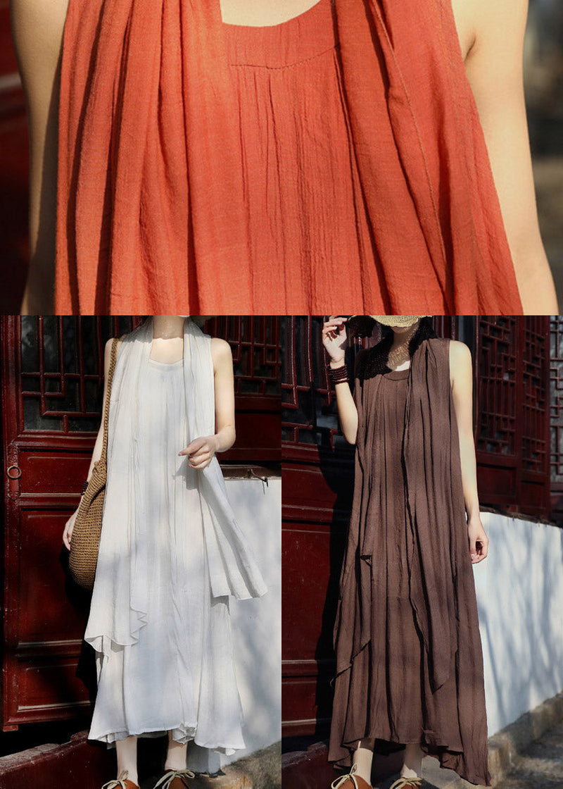 Chocolate Asymmetrical Linen Spaghetti Strap Dress and Shawl Two Pieces Set Summer