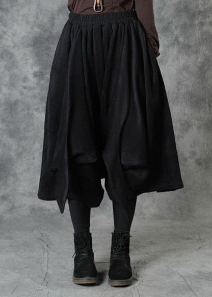 Black Elastic Waist Asymmetrical Design Fall Pants