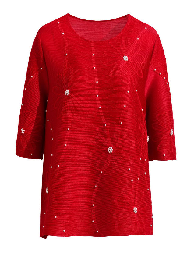Red Embroideried Nail Bead T Shirts Summer
