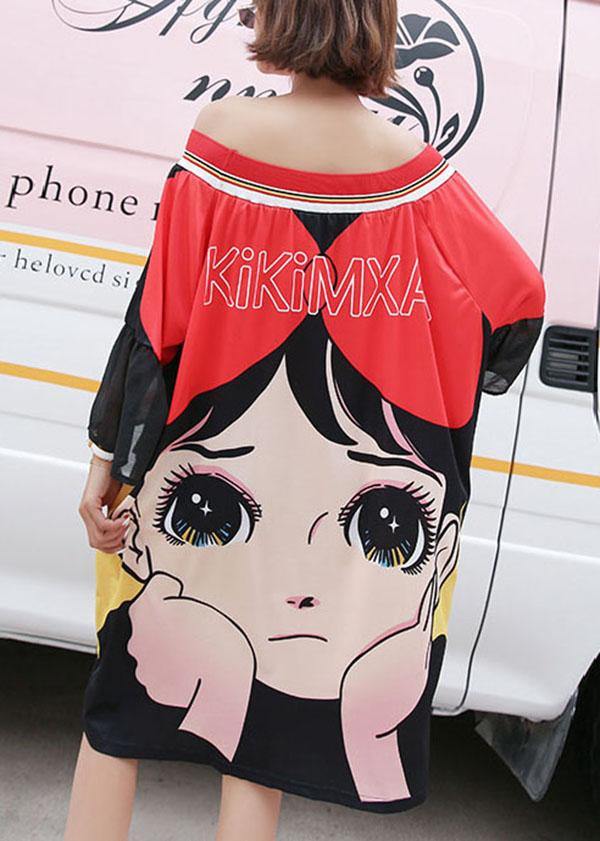 Handmade Red Slash Neck Flare Sleeve Summer Holiday Dress