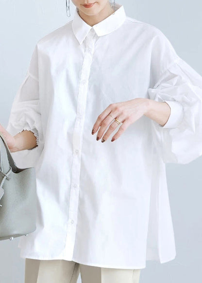 White Oversized Side Open Cotton Blouse Top Lantern Sleeve