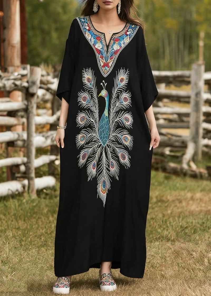 Black Oversized Peacock Print Cotton Long Dress Summer