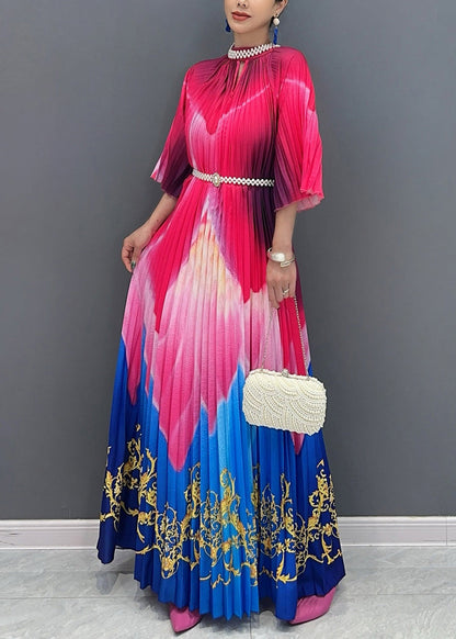 Red Blue Patchwork Print Sashes Maxi Dresses Half Sleeve