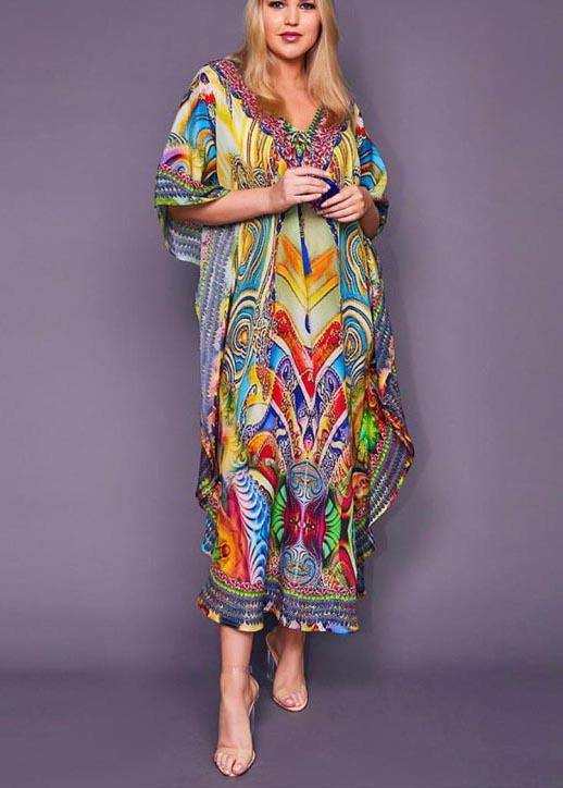 Fine Print Tie Chiffon Loose Kimono Robe Maxi Dress