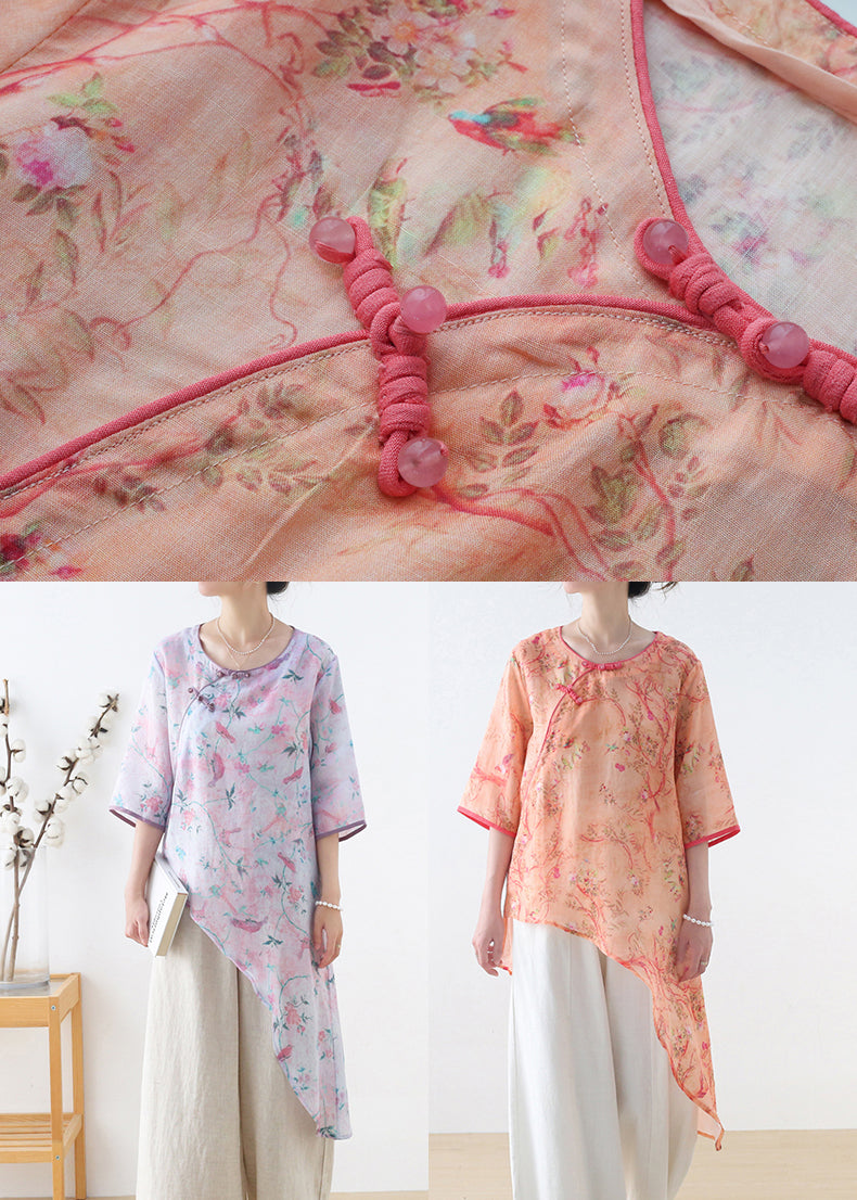 Orange Red O-neck Print Linen Shirt Top Half Sleeve