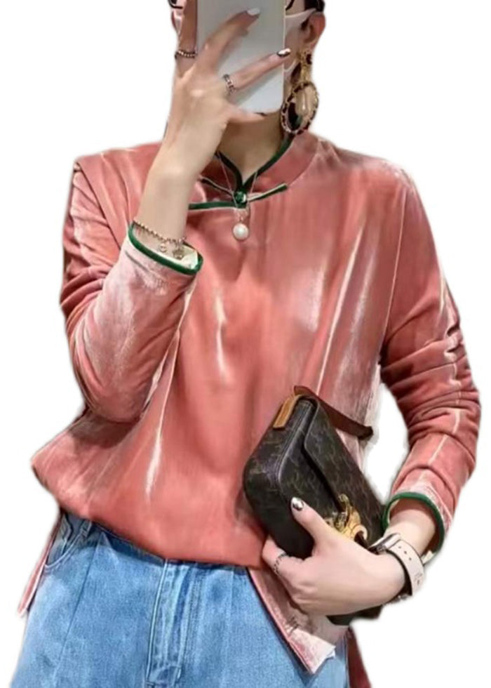 Pink Mandarin Collar Side Open Button Patchwork Velour Tops Long Sleeve