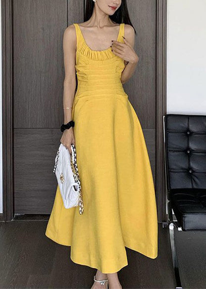 Yellow Wrinkled Cotton Spaghetti Strap Dress Sleeveless